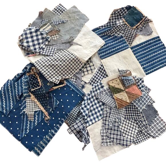 Vintage Homespun Quilting fabric remnants quilt block blue & white textile - Picture 3 of 12